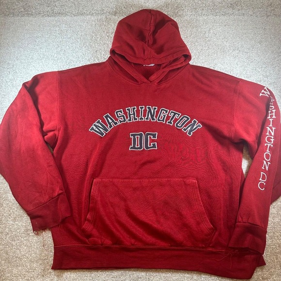 Vintage 90s washington DC hoodie sweatshirt size XL mens red thrashed sleeves‎ - Picture 1 of 9